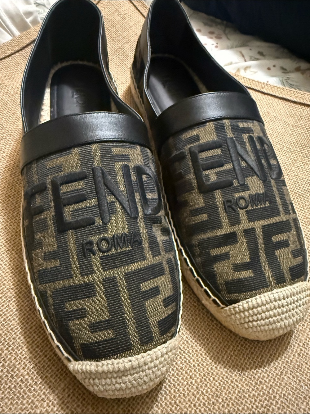 Fendi Logo Espadrille Slip-Ons in Black & Brown